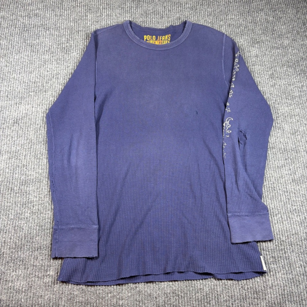 Vintage Polo Jeans Ralph Lauren Shirt Mens XL‎ Blue Waffle Knit Thermal Flawed
